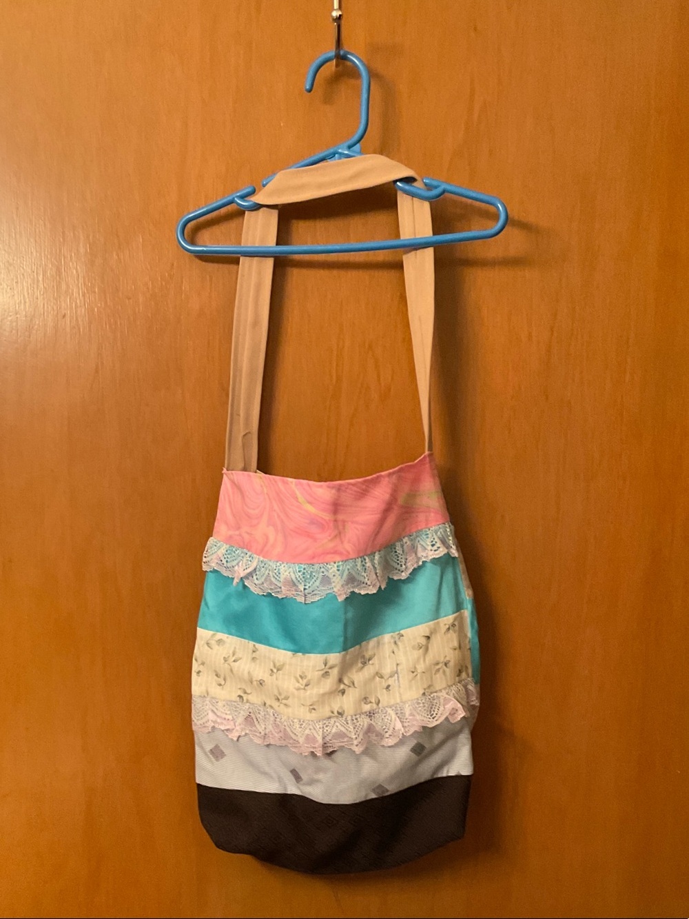 Striped Lace-Trim Shoulder Bag in Pink, Turquoise & Brown